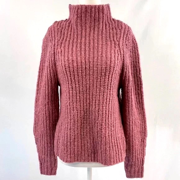 Pink Raspberry Ribbed Knit Mock Neck Chunky Sweater - Picture 2 of 4